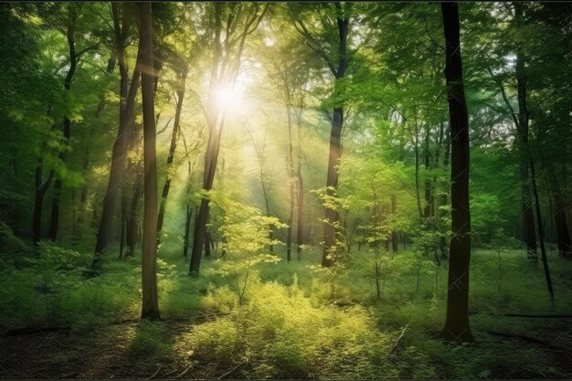 Zdjęcie zielony las z pięknymi promieniami słońca ilustracja wygenerowana za pomocą ai