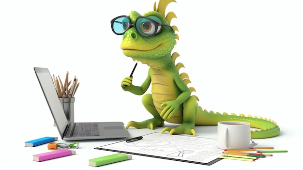Zdjęcie zielony leguan w okularach z rogami siedzi przy biurku i pracuje na laptopie. w jednej ręce ma ołówek, a w drugiej trzyma podbródek.