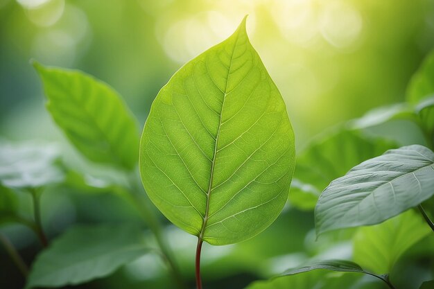 Zielony liść na rozmytym zielonym tlePiękna tekstura liści w świetle słonecznymtło naturalne zielone roślinyekologia krajobrazuZbliżony widok przyrody z wolnym miejscem dla tekstuZielone tło