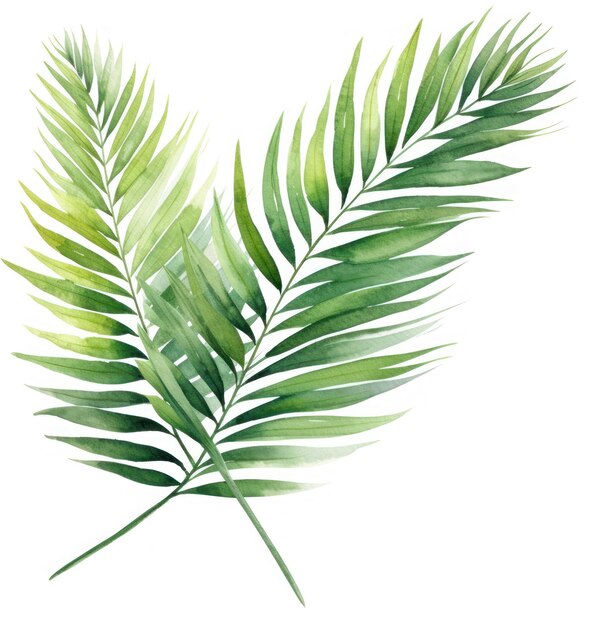 Zielony liść palmowy akwarela na białym tle