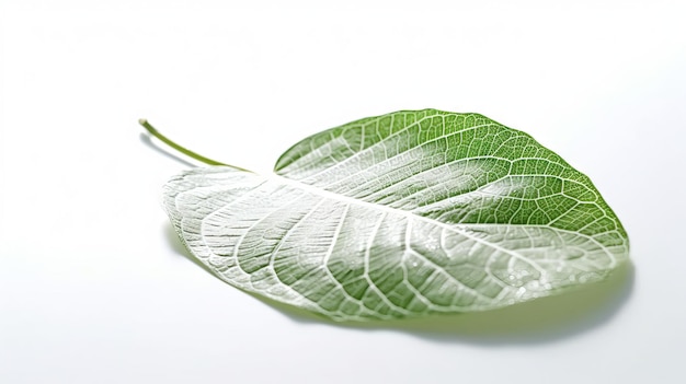 Zielony liść z białymi żyłkami leży na białej powierzchni.