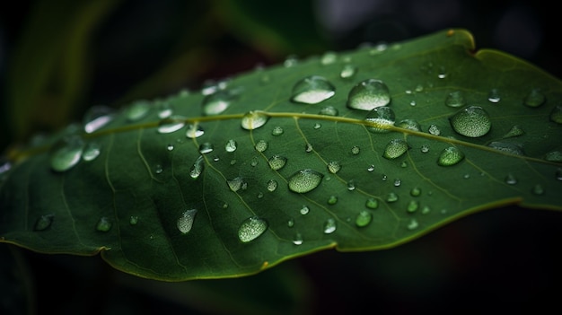 Zielony liść z kropelek wody na nim Kropelki wody na liściu po deszczu