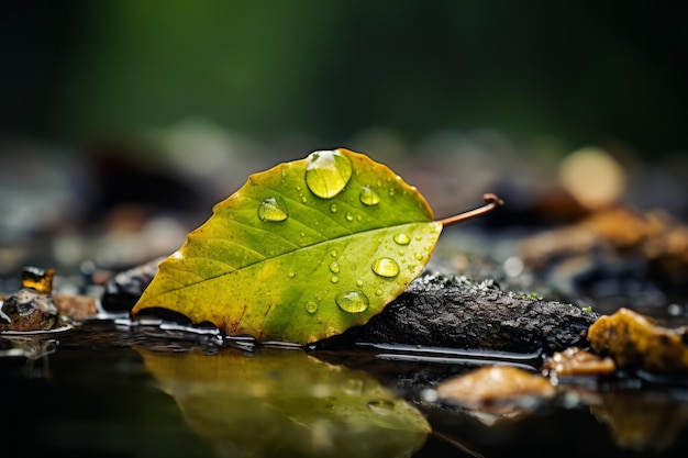 zielony liść z kropelkami wody, siedzący na ziemi