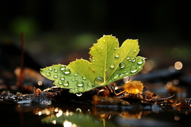 zielony liść z kropelkami wody, siedzący w wodzie