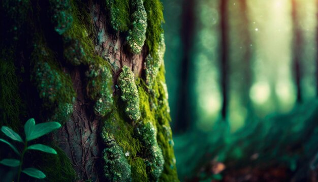 Zielony mech na drzewie las i szczegóły przyrody blisko wiosny w lesie