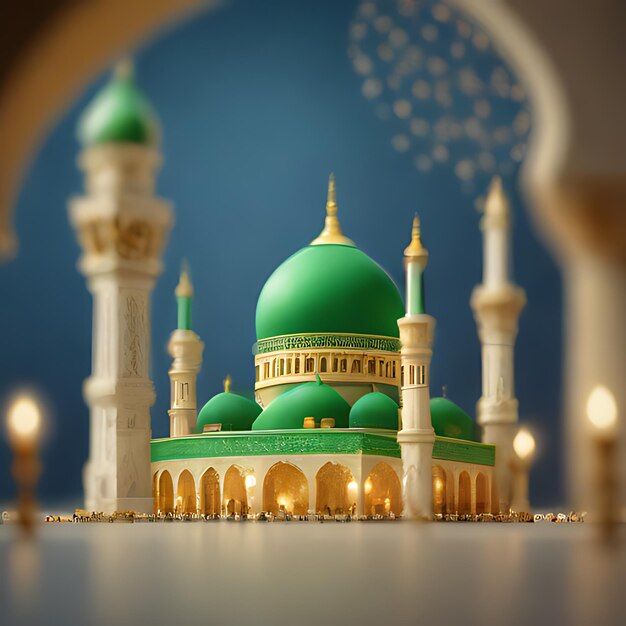zielony meczet na niebieskim tle z złotym szczytem