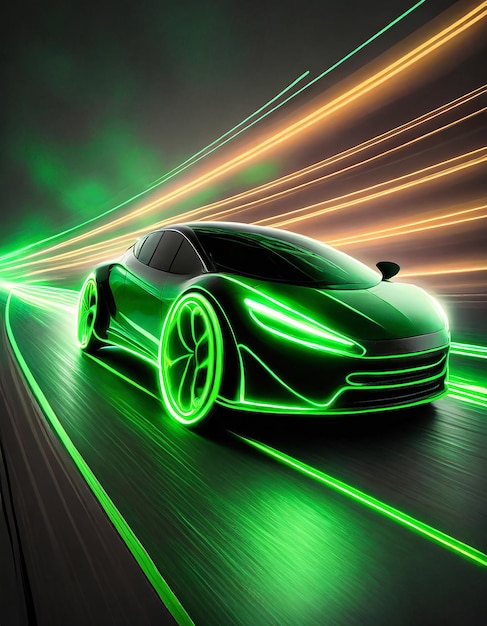 Zielony neon świecący w ciemności samochód elektryczny na dużej prędkości jazdy koncepcja szybka sylwetka
