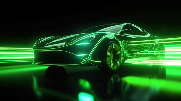 Zdjęcie zielony neon świecący w ciemności samochód elektryczny na koncepcji jazdy przy wysokiej prędkości