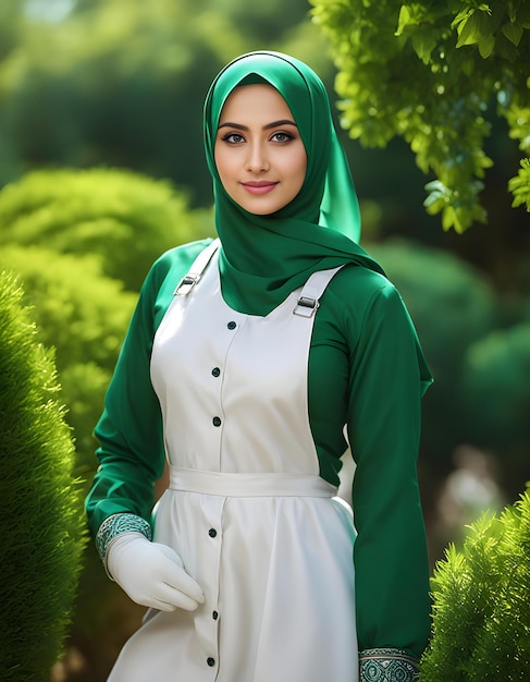 Zielony ogród Portret muzułmańskiej dziewczyny wśród drzew