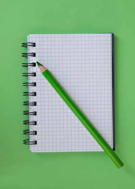 zielony ołówek na notatniku i zielonym tle