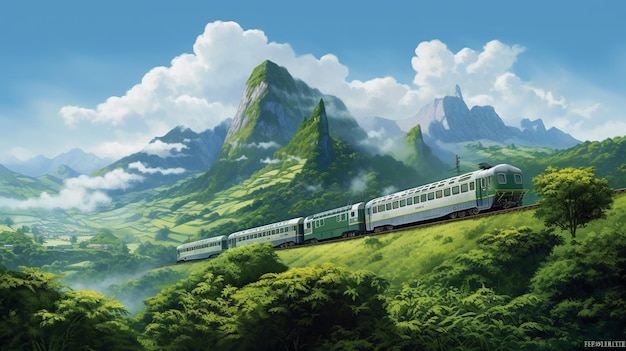 zielony pociąg górski w górach