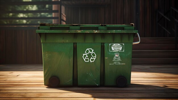 zielony pojemnik na śmieci z naklejką, na której jest napisane, że można go poddać recyklingowi