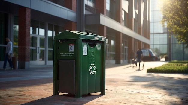 zielony pojemnik z naklejką, na której jest napisane "recykluj"