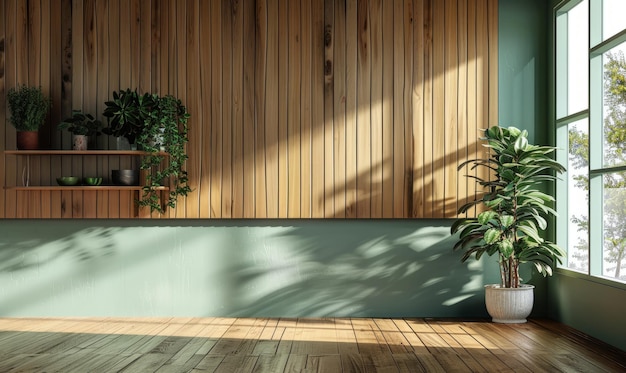 Zielony pokój kuchenny i minimalistyczny projekt wnętrza na mockup drewnianej ścianie