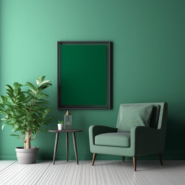 Zielony pokój z zieloną ścianą i zielonym krzesłem oraz rośliną na stole.