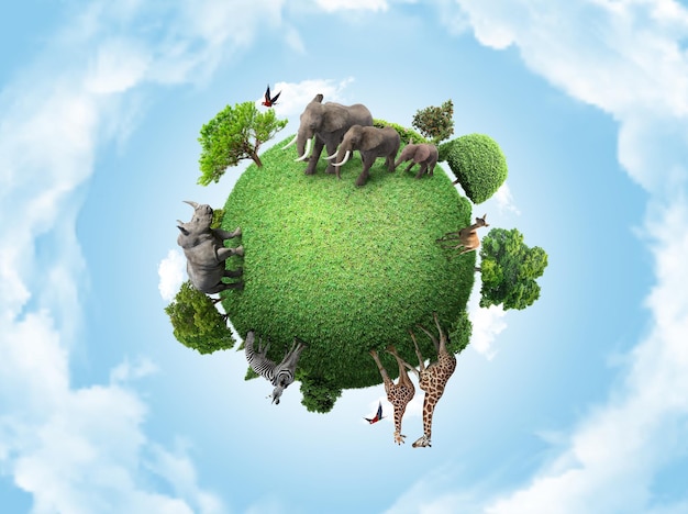 Zielony pokój ziemia miniaturowa planeta kula ziemska koncepcja przedstawiająca zielone spokojne i zwierzęce życie roślinożerne