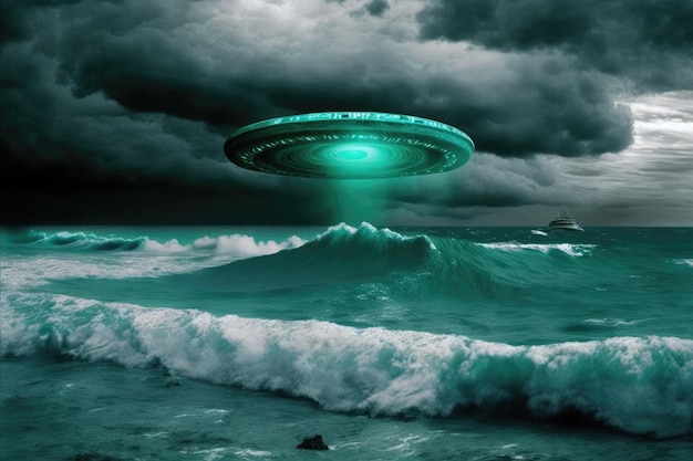 Zielony przefiltrowany obraz UFO lecącego nad burzliwym oceanem