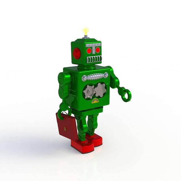 Zielony retro robot trzyma teczki 3d ilustrację