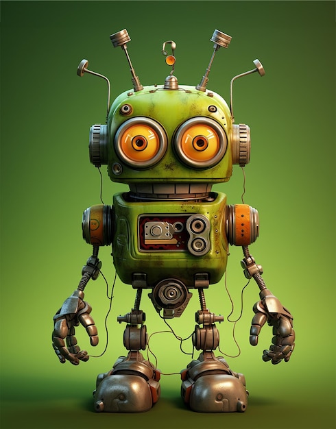 zielony robot na zielonym tle z przyciskami wygenerowanymi przez AI