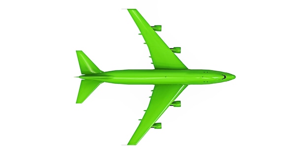 Zielony samolot na na białym tle. Duże samoloty pasażerskie o dużej pojemności do długich lotów transatlantyckich. ilustracja 3D.