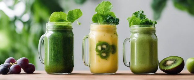 Zielony smoothie ze szpinakiem, bananem, spiruliną i nasionami chia podawany w słoiku