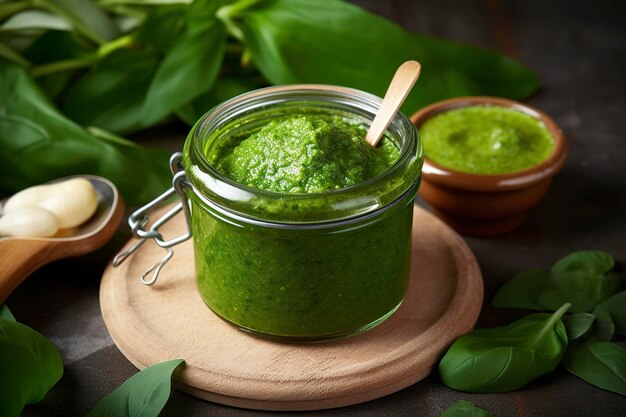 Zielony sos pesto z niedźwiedziego czosnku generuje ai