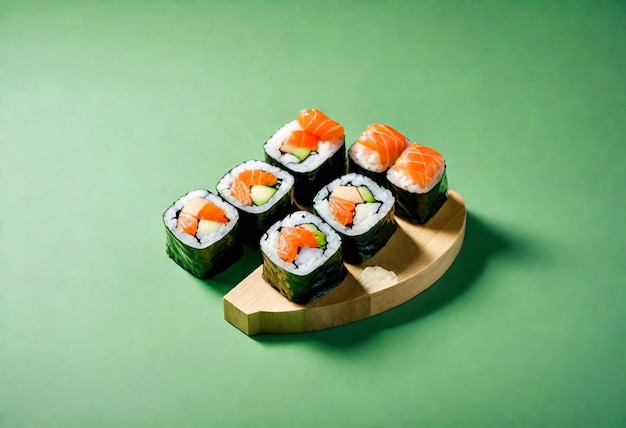 zielony stół z sushi i sushi na nim