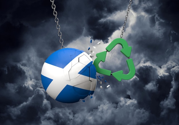 Zielony symbol recyklingu rozbijający się o renderowanie kuli d flagi Szkocji
