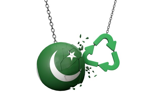 Zielony symbol recyklingu uderzający w renderowaną kulę flagi Pakistanu