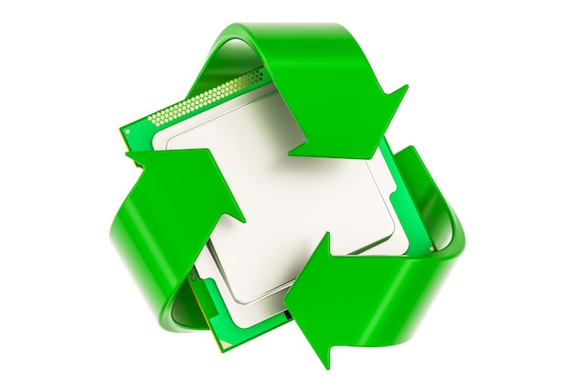 Zielony symbol recyklingu z renderowaniem 3D jednostki procesora CPU