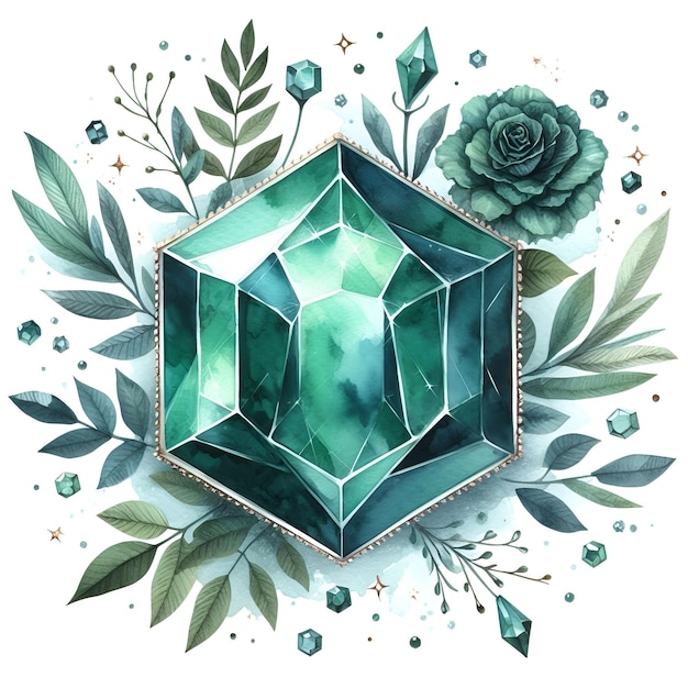 Zdjęcie zielony szmaragd kryształ klejnot symbol bogactwa akwarel farba x9