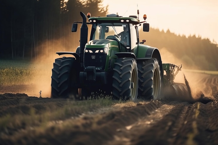 Zdjęcie zielony traktor jedzie przez pole, a za nim zachodzi słońce.