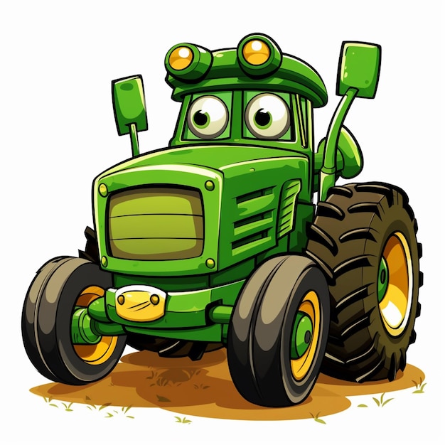 Zielony traktor z zieloną twarzą i zielonym nosem.