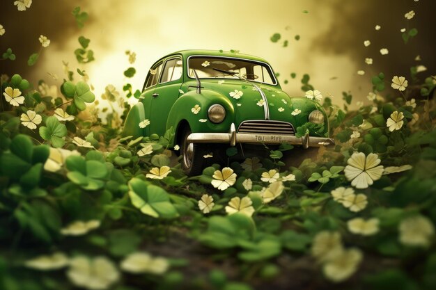 Zdjęcie zielony vintage samochód ozdobiony na dzień św. patryka ilustracja transportowa na zielonym tle generatywna sztuczna inteligencja