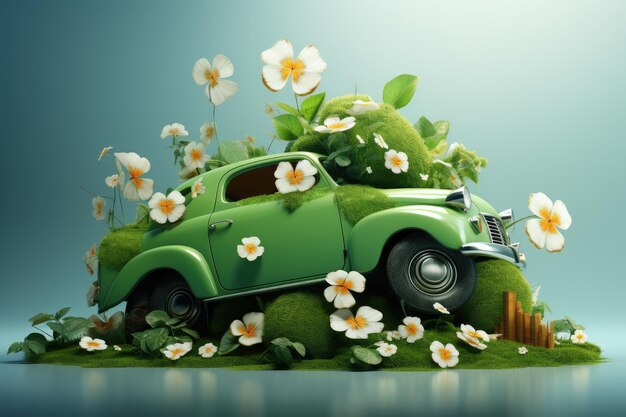 Zdjęcie zielony vintage samochód ozdobiony na dzień św. patryka ilustracja transportowa na zielonym tle generatywna sztuczna inteligencja