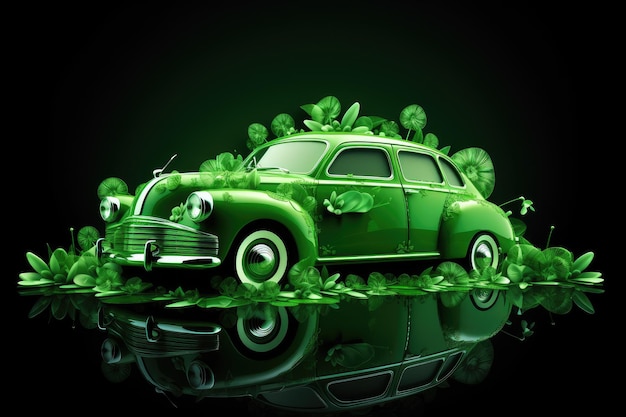 Zielony vintage samochód ozdobiony na Dzień św. Patryka ilustracja transportowa na zielonym tle Generatywna sztuczna inteligencja