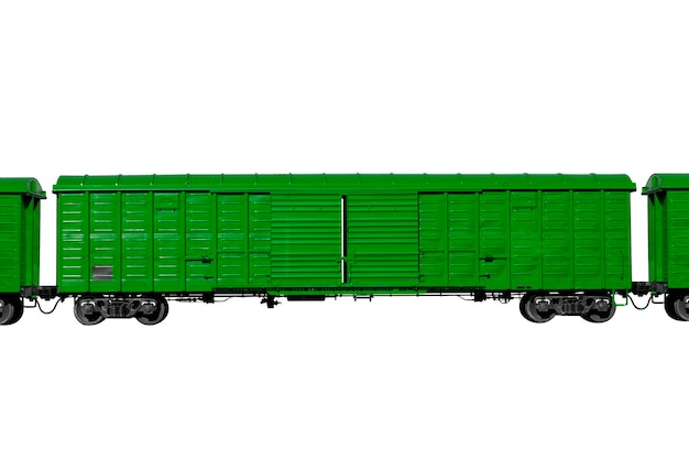 Zielony wagon na białym tle na białym tle. Transport towarowy. Zdjęcie wysokiej jakości
