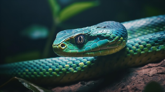 Zielony wąż z niebieską głową siedzi na gałęzi.
