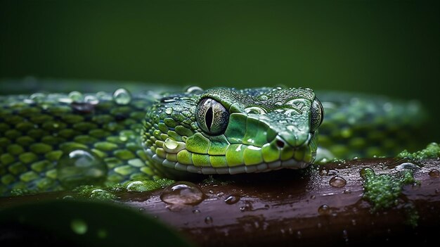 Zielony wąż z zieloną głową siedzi na gałęzi z kroplami deszczu.