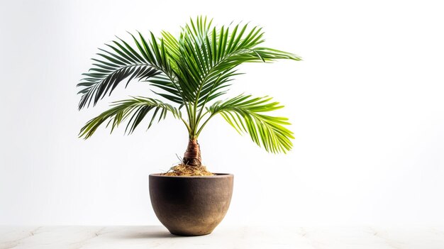 Zielony wazon paproci palmowej w czarnej doniczce bez cienia na białym tle