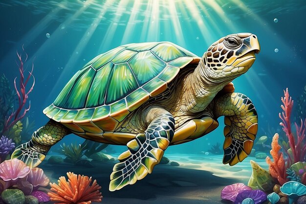Zielony żółw fantazyjny z mozaikową skorupą ilustracja dzikich zwierząt