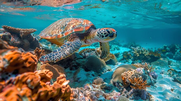 Zielony żółw pływający nad rafą koralową
