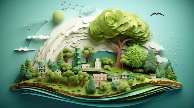 Ziemia jako zielona planeta z budynkami, drzewami i domami.
