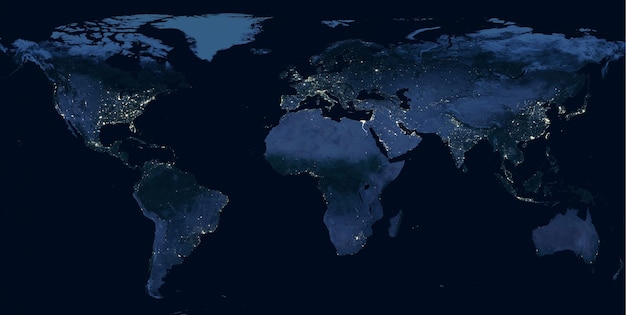 Ziemia nocą widok świateł miejskich pokazujących działalność człowieka w Ameryce Północnej Europie i Azji Wschodniej z kosmosu Ciemna mapa świata na globalnym zdjęciu satelitarnym