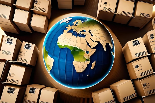 Ziemia otoczona kartonowymi pudełkami globalna logistyka biznesowa 3D