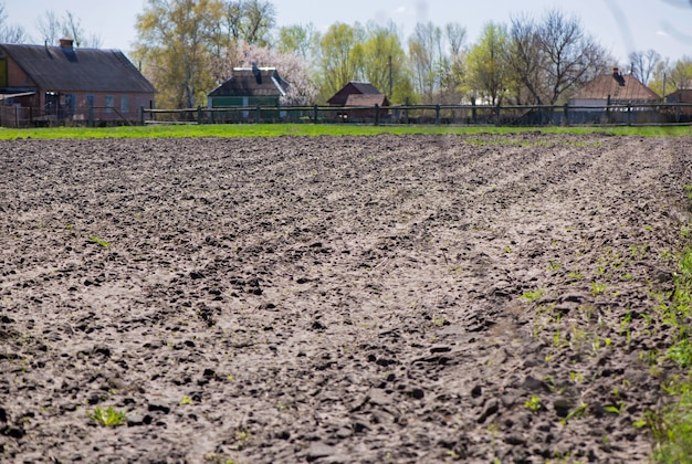 Ziemia uprawna. Otwarte pole wiosną pod uprawę