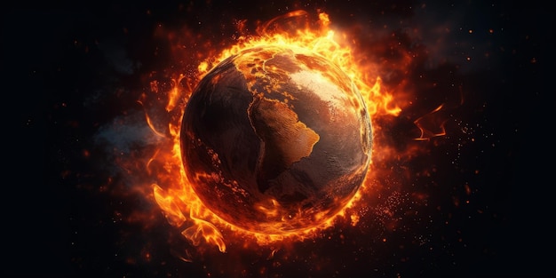 Zdjęcie ziemia w ogniu i spalanie globalna katastrofa i zniszczony świat ciemne tło generacyjna sztuczna inteligencja