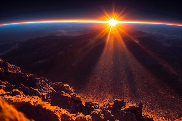 Ziemia z satelity w kosmosie o świcie Wschód słońca z promieniami i gwiaździsta noc nad galaktykami