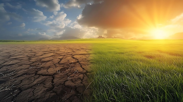 Ziemia z suchym i pękniętym gruntem i zielonym polem Pustynia Tło ocieplenia globalnego