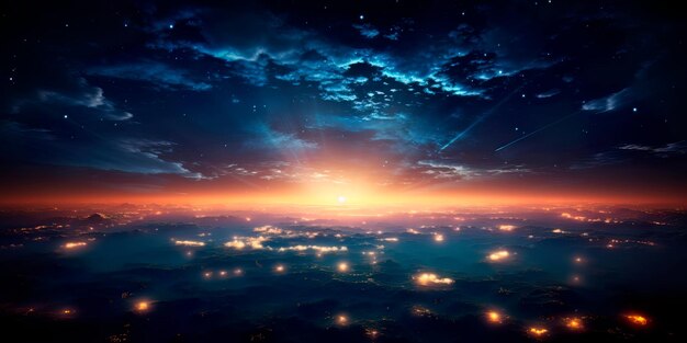 Zdjęcie ziemia z zachodzącym słońcem na horyzoncie rzucającym ciepły blask na gwiezdne niebo generatywna sztuczna inteligencja
